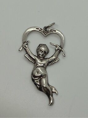 Vtg 925 Sterling Silver Art Nouveau Style Cupid Heart Necklace Pendant